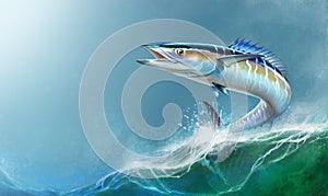 Spanish Mackerel big fish on the background of the waves realistic illustration.