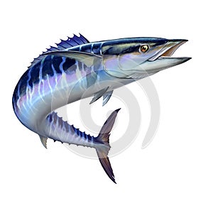 Spanish Mackerel wahoo dark blue fish big fish on white realistic illustration isolate photo