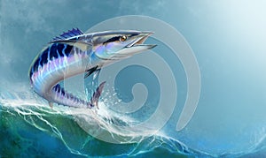 Spanish Mackerel wahoo dark blue fish big fish on white realistic illustration photo