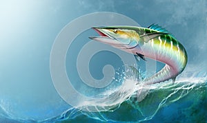 Spanish Mackerel wahoo green fish big fish on white realistic illustration