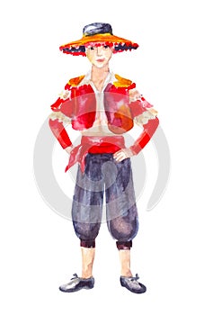 Spanish male dance costume. Man in red vest and black pants