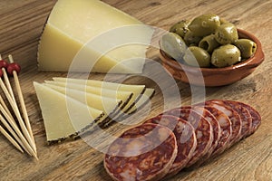 Spanish Manchego cheese, Chorizo sausage and olives