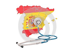 Spanish map with stethoscope, national health care concept, 3D r