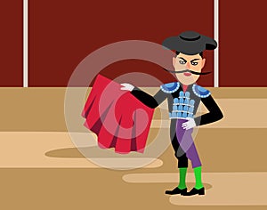 Spanish matador cartoon clipart. Bullfighting vector illustration. Toreador man in red cape. Traditional spainish corrida.