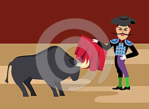 Spanish matador cartoon clipart. Bullfighting vector illustration. Toreador man in red cape. Traditional spainish corrida.