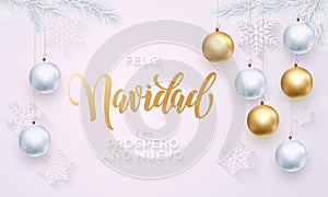 Spanish Merry Christmas Feliz Navidad golden decoration lettering white snowflake