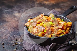 Spanish migas with pork and green onions in cast-iron pan on dark background