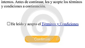 Spanish. Mouse Cursor Slides Over And Check Box I have Read and Accept Terms and Conditions on Web Page Click Continue. Device