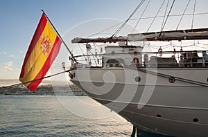 Spanish national flag at sailing ship stern. Gran Canaria, Canary, Spain