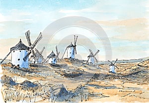 Spanish old-fashioned windmills in Consuegra, Castile