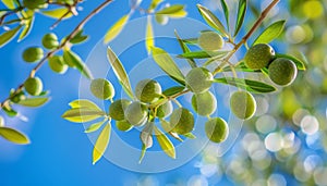 Spanish olive tree close up of green olives on branch on sunny day, captured in detail