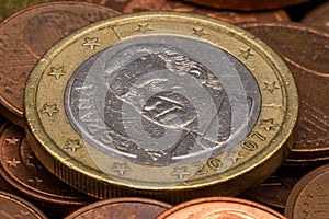 Spanish one euro coin closeup. Coin is from 2007 and shows Juan Carlos I