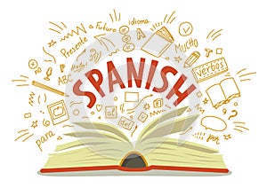 Spanish. Open book with language hand drawn doodles and lettering