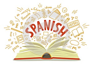 Spanish. Open book with language hand drawn doodles and lettering photo