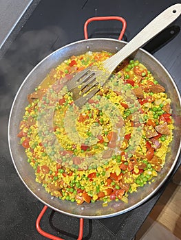 Spanish paella pan on stove