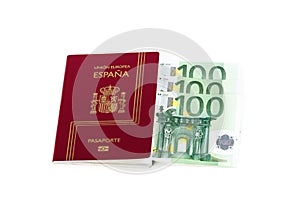 Spanish passport with european union currency banknotes