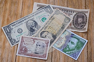 Spanish pesetas bills, US dollar and Hungarian Forint