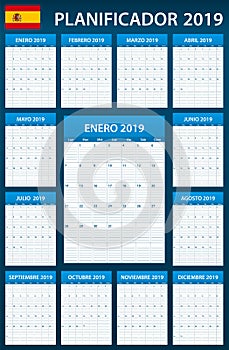 Spanish Planner blank for 2019. Scheduler, agenda or diary template. Week starts on Monday