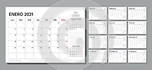 Spanish 2021 planner. Calendar template. Vector illustration. Table schedule grid photo