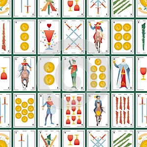 Spanish playing cards deck seamless pattern. Cups. Golds. Swords. Wands