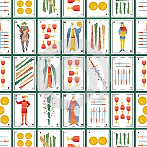 Spanish playing cards deck seamless pattern. Cups. Golds. Swords. Wands