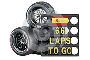 Spanish racing, pit board with flag of Spain and racing wheels with different compounds type tyres. 3D rendering