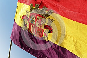 Spanish Republican Flag Waving on Blue Sky Background