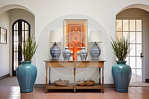 spanish revival home entryway framed by terracotta vases