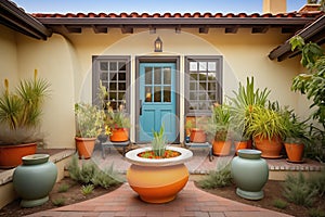 spanish revival home surrounded by terracotta pot garden