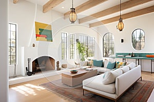 spanish revival living area with white beams and large windows