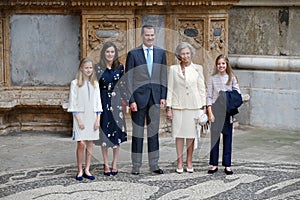 Spain royal family attending a sunday easter mass in Mallorca group pose