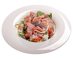 Spanish salad with ham and grapefruit, Isolated image on white background