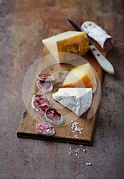 Spanish Salami, Brie and Hard Cheese on a Wooden Board photo
