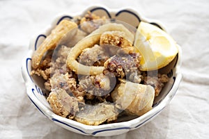 Spanish sea food, cripsy deep fried baby octopus, fish, calamari rings served with lemon