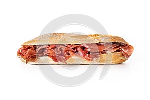 Spanish serrano ham sandwich isolated on white background