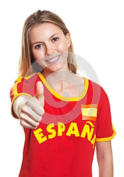 Spanish soccer fan showing thumb at camera