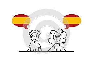 spanish speakers, cartoon boy and girl with speech bubbles in Spain flag colors, learning spanish language vector photo