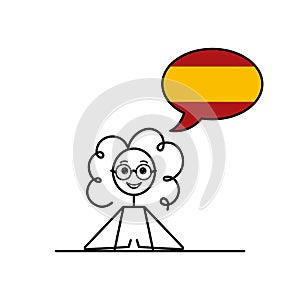 speak spanish, cartoon girl with speech bubble in flag of Spain colors, female learning castilian language vector photo