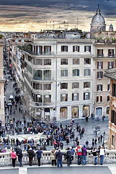 Spanish steps aerial view, Via Condotti and Dome. Sunset