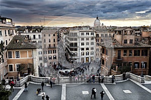 Spanish steps aerial view, Via Condotti and Dome. Sunset