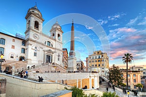 Trinita dei Monti church and the Spanish Steps in Rome at sunset, Italy