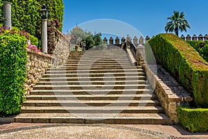 Spanish steps in royal gardens of the Alcazar de los Reyes Cristianos castle in Cordoba, Spain, Europe