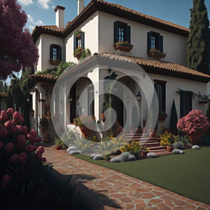 Spanish Style Manson House Exterior, large Green Yard With Flowers, Stone Path, Generative AI
