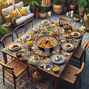 Spanish Style Outdoor Dining: Paella and Authentic Dishes on Wooden Table