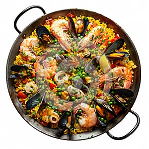 Spanish-style seafood paella, with a colorful mix of shrimp, mussels, squid, and fish, cooked with saffron-infused rice