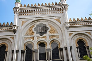 The Spanish Synagogue in the Jewish Quarter  in Prague the Capital of the Czech Republic with the statue to Franz Kafka