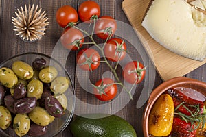 Spanish tapas appetizers on old table