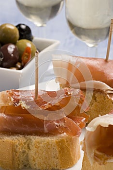 Spanish tapas.Bread and ham.
