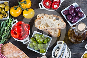 Spanish tapas on table from above