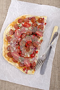 Spanish tarte flambee with chorizo